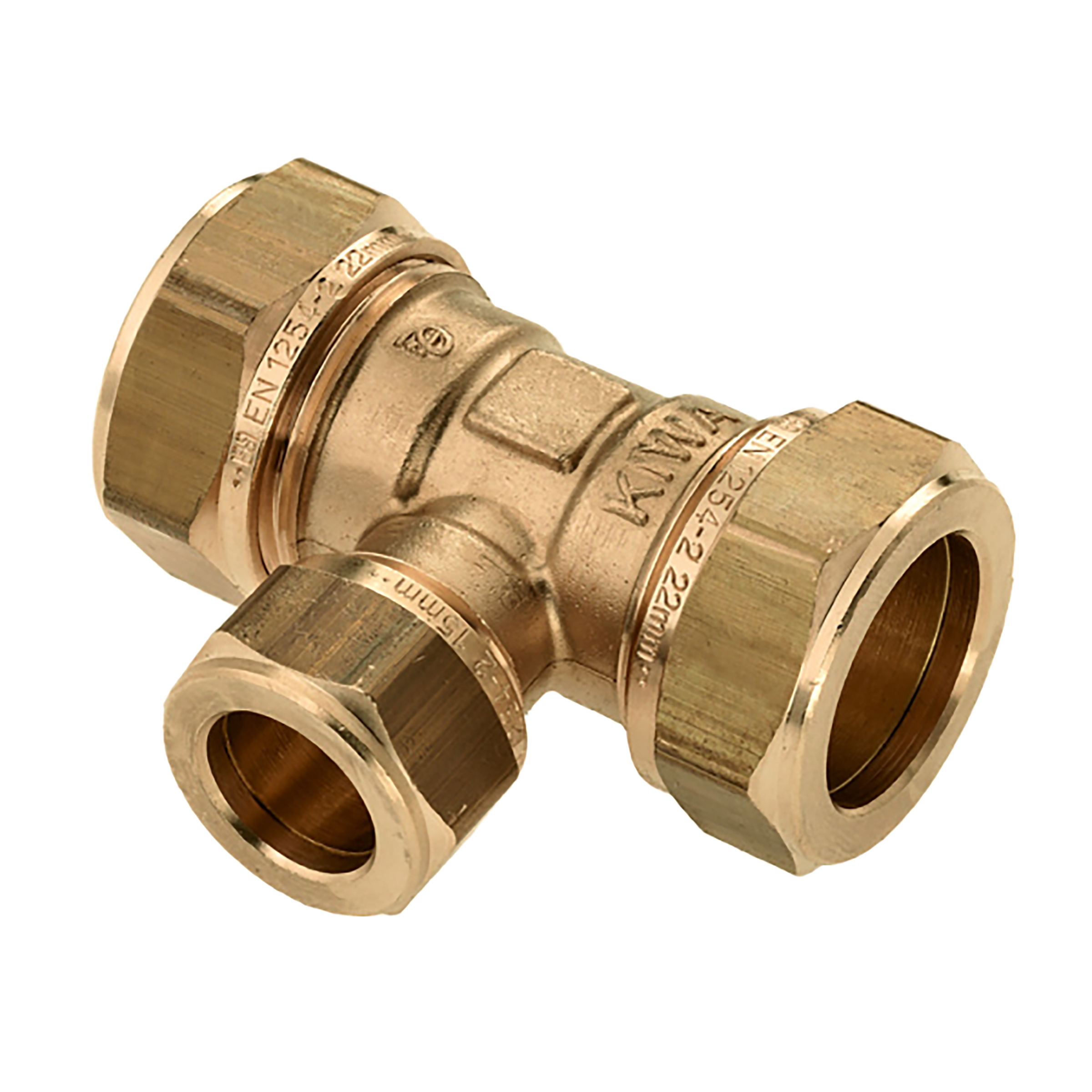 Productfoto T-koppeling messing Kiwa Gastec 22 mm x 15 mm x 22 mm knel 633587