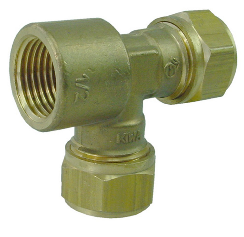 Productfoto Knelkoppeling T-stuk Kiwa Gastec 22 mm x 22 mm x 1/2" bi messing 633634